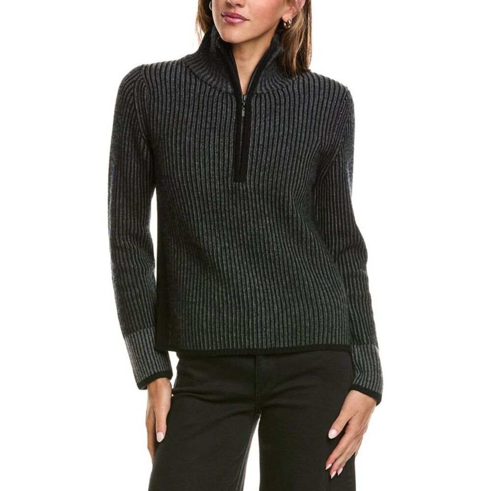 Forte Cashmere Womens  Plaited Rib Zip Mock 100% Cashmere Sweater, Black